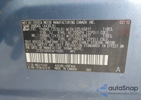 2012 Toyota Rav4 z USA, uszkodzony, nr VIN 2T3ZF4DVXCW110685